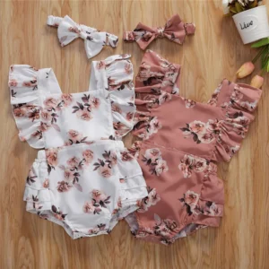 0-24M Newborn Baby Girl Romper White Pink Flower Print Romper For Newborn Girls Jumpsuit Headband Outfit Toddler Infant Sunsuit