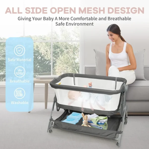 Baby Bassinet Bedside Crib, 5 Height Adjustable Bedside Crib, Newborn Portable Bassinet with Wheels, U-Shaped Diaper Table - Image 2