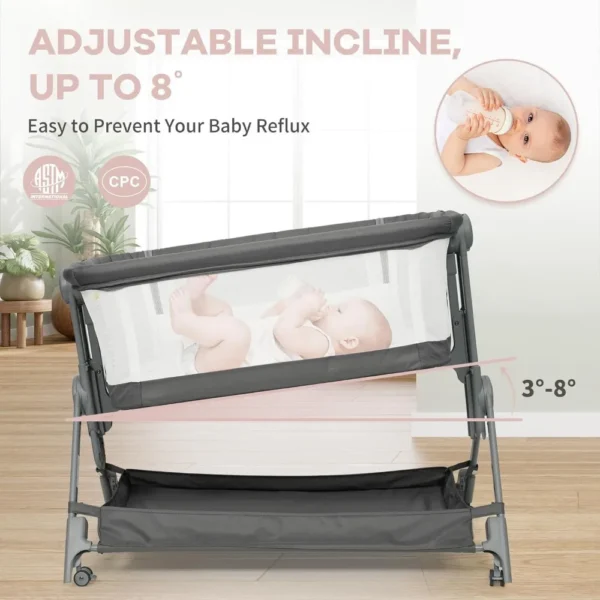 Baby Bassinet Bedside Crib, 5 Height Adjustable Bedside Crib, Newborn Portable Bassinet with Wheels, U-Shaped Diaper Table - Image 6