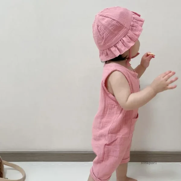 2Pcs/Set Baby Summer Clothing Solid Newborn Infant Romper With Hat Muslin Cotton Sleeveless Baby Boys Girls Jumpsuit Outfits - Image 4