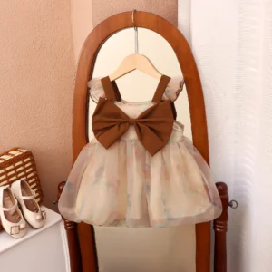 Summer New Brown Bow Baby Girl Princess Dress, Sweet Wedding Party Children'S Sleeveless Clothes (9 Months -3 Years Old)