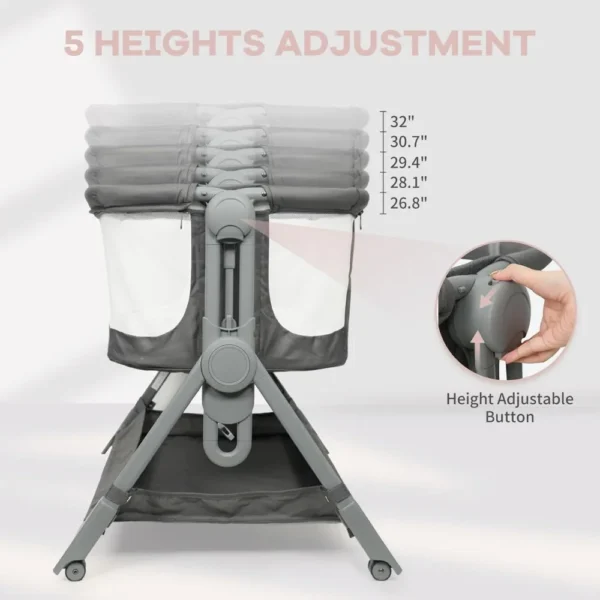 Baby Bassinet Bedside Crib, 5 Height Adjustable Bedside Crib, Newborn Portable Bassinet with Wheels, U-Shaped Diaper Table - Image 4