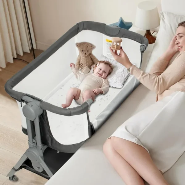 Baby Bassinet Bedside Crib, 5 Height Adjustable Bedside Crib, Newborn Portable Bassinet with Wheels, U-Shaped Diaper Table