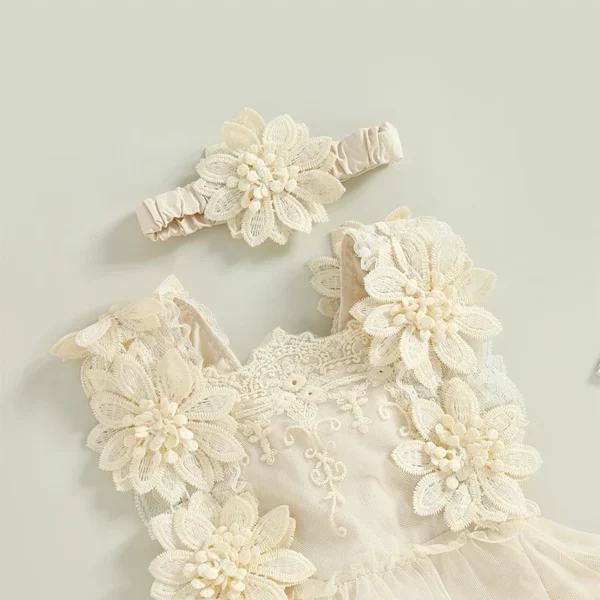Infant Baby Girl Summer Romper Floral Lace Embroidery Romper Dress Straps Sleeveless Sweet Triangle-Bottom Jumpsuit And Headband - Image 3