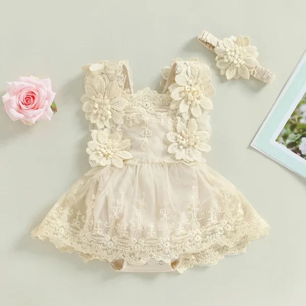 Infant Baby Girl Summer Romper Floral Lace Embroidery Romper Dress Straps Sleeveless Sweet Triangle-Bottom Jumpsuit And Headband