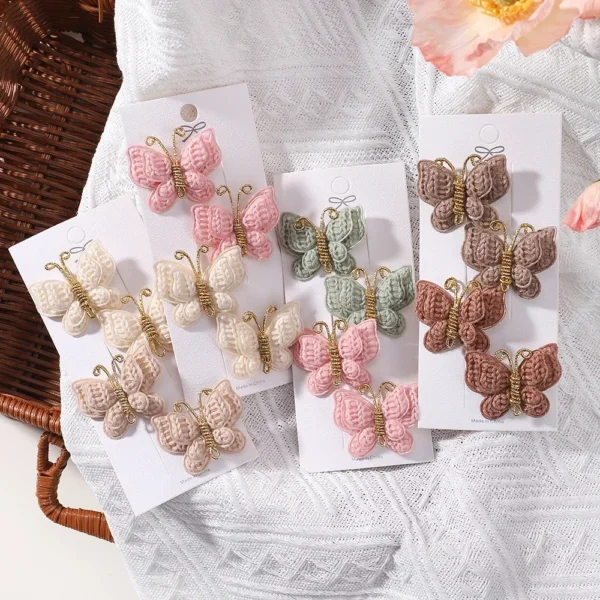 4 Pieces/set New Cute Baby Girl Bow Hairpin Wool Knitted Headwear Handmade Crochet Butterfly Hairpin Children's Hair Accessories - Image 3