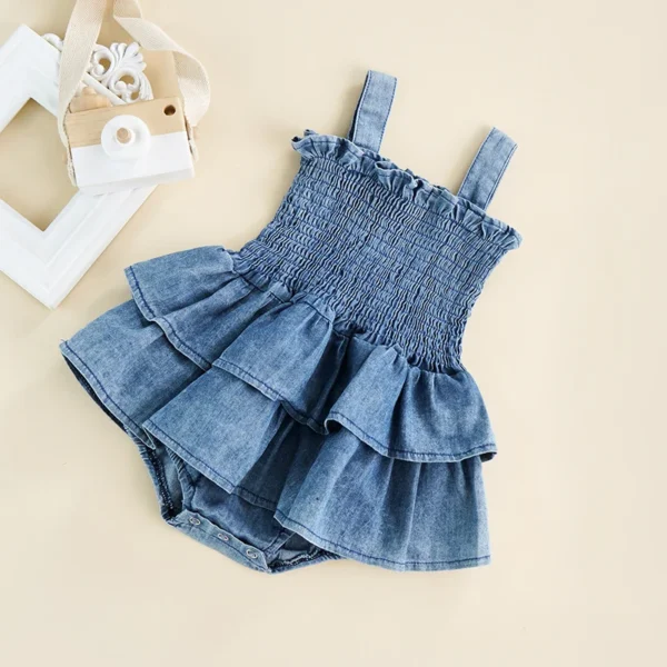Baby Summer Clothes Girl Denim Romper Sleeveless Suspender Pleated Design Ruffle Hem Bottom Snap Button Cute Jumpsuit - Image 3