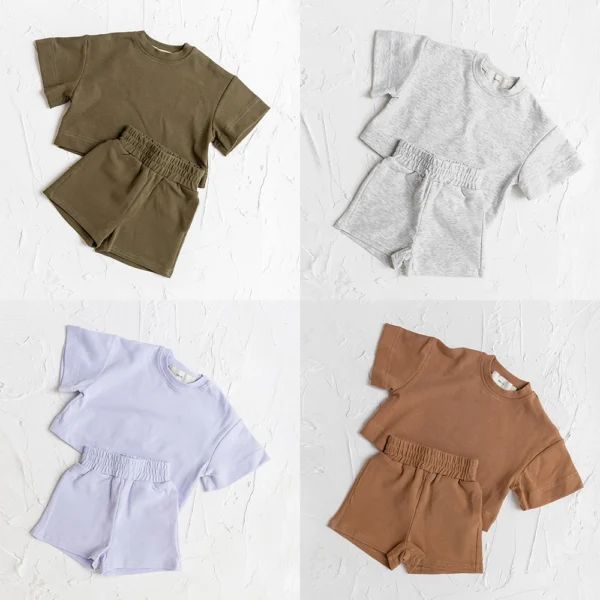 2023 European New Fashion Men's and Women's Baby Set Solid Summer Short Sleeve Shorts Two Piece Sports Set Newborn Baby Clothing - Image 2