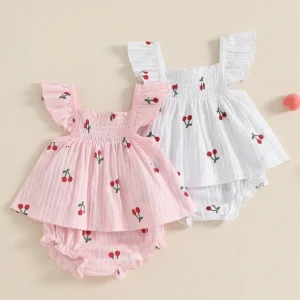 Newborn Baby Girl Clothes Set Cherry Print Smocked Fly Sleeve Babydoll Tops Elastic Waist Ruffle Shorts 2 Piece Summer Outfit