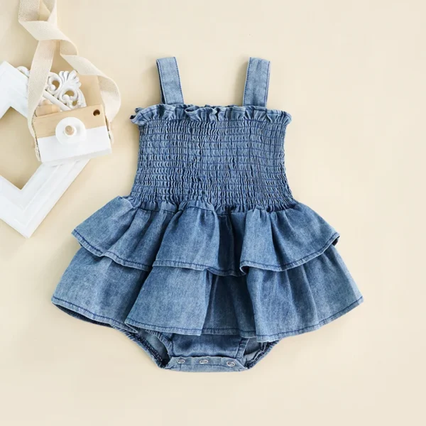 Baby Summer Clothes Girl Denim Romper Sleeveless Suspender Pleated Design Ruffle Hem Bottom Snap Button Cute Jumpsuit - Image 2