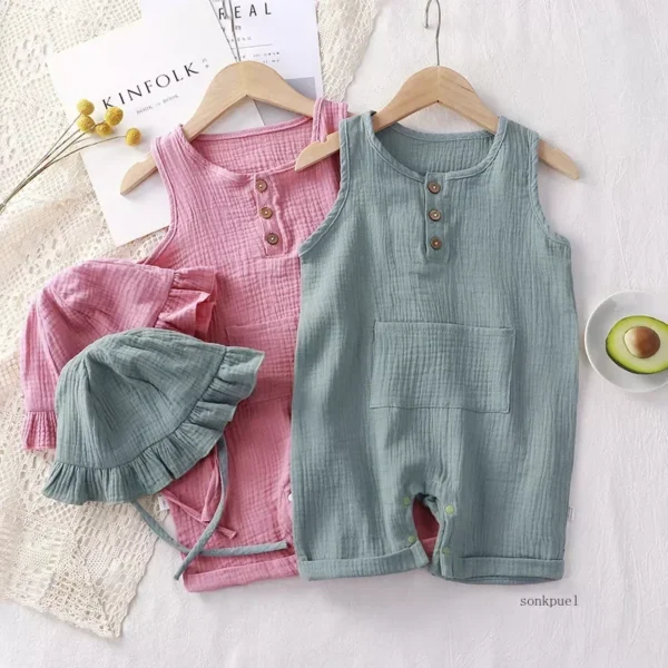 2Pcs/Set Baby Summer Clothing Solid Newborn Infant Romper With Hat Muslin Cotton Sleeveless Baby Boys Girls Jumpsuit Outfits - Image 2