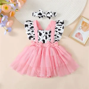 0-24M Newborn Infant Girls Tulle Romper Dress Fly Sleeve Cow Print Bodysuits Jumpsuits with Headband Baby Summer Clothes