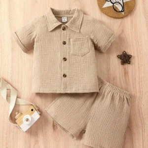 Cotton 2-Piece Summer Baby Boy Khaki Short-Sleeved Shorts Casual Outdoor Everything Simple Comfortable Soft Suit
