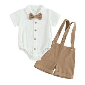 Infant Baby Boy Summer Outfit Gentleman Short Sleeve Romper Dress Shirt Suspender Shorts 2Pcs Suit Clothes Set