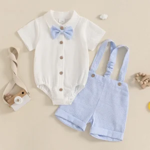 Toddler Baby Boy Gentleman Outfit Solid Color Short Sleeve Lapel Neck Romper with Stripe Suspender Shorts and Bowtie Clothes