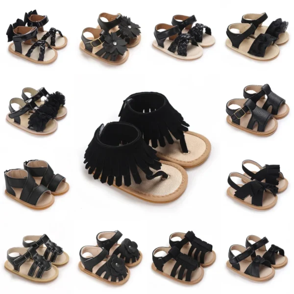 0-18M Baby Cute Open toed Pre school Summer Sandals Black Princess Casual Soft Rubber Bottom Non slip Single Shoes Women's