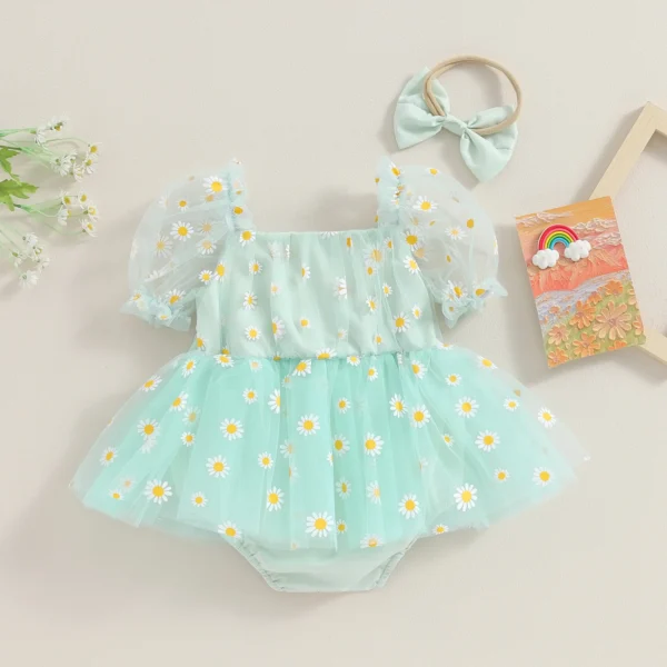 Pricess Baby Girl Romper Lace Dress with Headband 2 Piece Set Summer Outfits Infant Short Puff Sleeve Daisy Print Bodysuits - Image 2