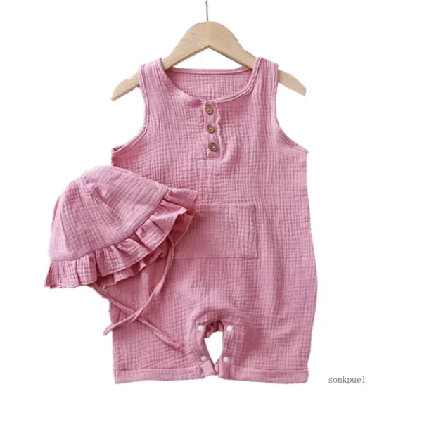 2Pcs/Set Baby Summer Clothing Solid Newborn Infant Romper With Hat Muslin Cotton Sleeveless Baby Boys Girls Jumpsuit Outfits - Image 5