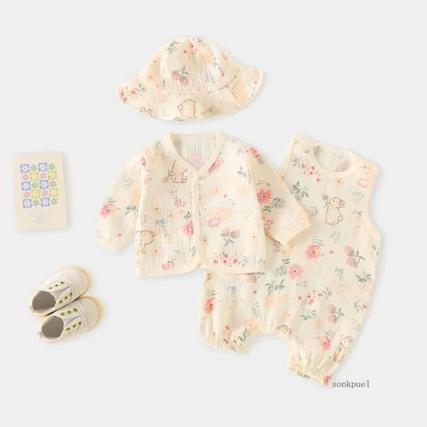1-3PC Summer Baby Set Romper +hat +coat Thin Pure Cotton Newborn Air Conditioning Outerwear Kid Boys Girls Cardigan Tops - Image 3