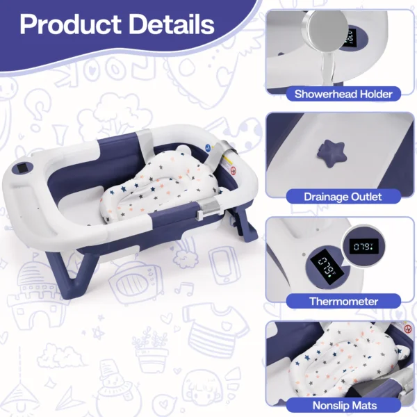 Baby Bathtub,Baby Bath Tub with Soft Cushion & Thermometer,Baby Bathtub Newborn to Toddler 0-36 Months,Portable Travel Baby Tub - Image 2