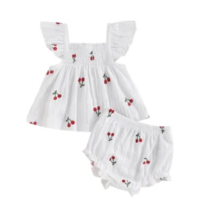 Toddler Baby Girl Outfit Cherry Linen Flying Sleeve Square Neck Tops and Ruffle Shorts Set Infant Summer Clothes 3-24M