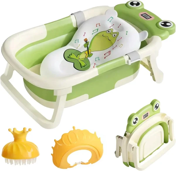 Baby Bath Tub with Bath Cushion Foldable Bathtub with Thermometer Shower Cap Shower Brush for Newborn and Toddler 0-36 Months