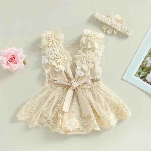 Infant Baby Girl Summer Romper Floral Lace Embroidery Romper Dress Straps Sleeveless Sweet Triangle-Bottom Jumpsuit And Headband - Image 2