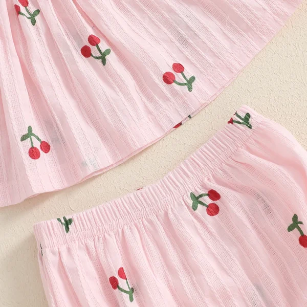 Toddler Baby Girl Outfit Cherry Linen Flying Sleeve Square Neck Tops and Ruffle Shorts Set Infant Summer Clothes 3-24M - Image 2