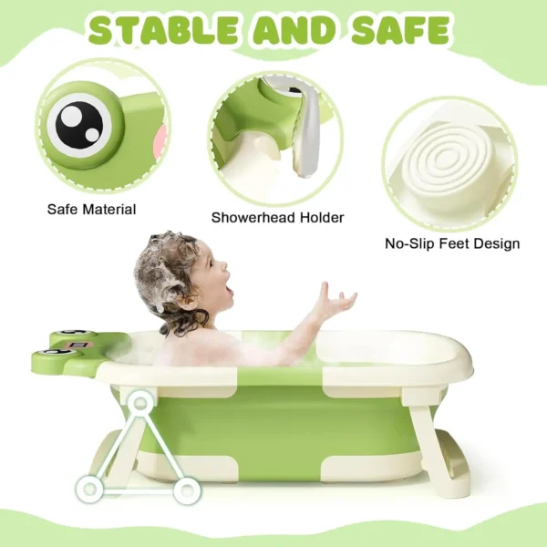 Baby Bath Tub with Bath Cushion Foldable Bathtub with Thermometer Shower Cap Shower Brush for Newborn and Toddler 0-36 Months - Image 2