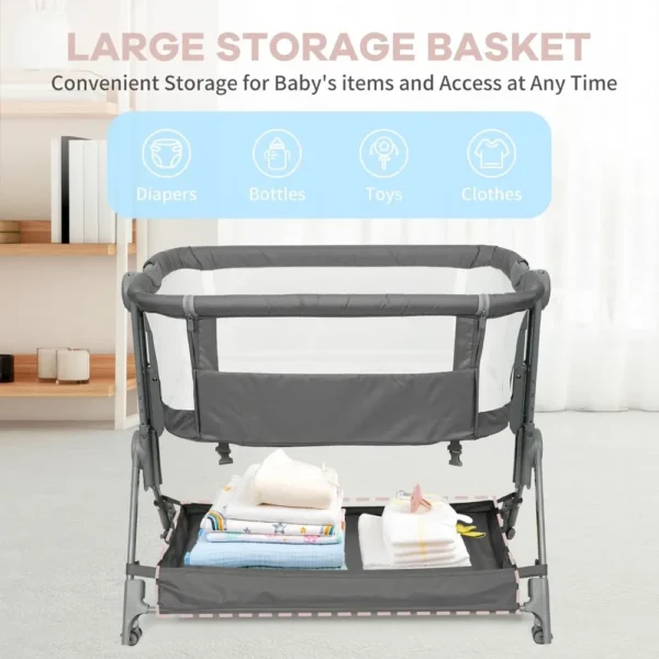 Baby Bassinet Bedside Crib, 5 Height Adjustable Bedside Crib, Newborn Portable Bassinet with Wheels, U-Shaped Diaper Table - Image 3